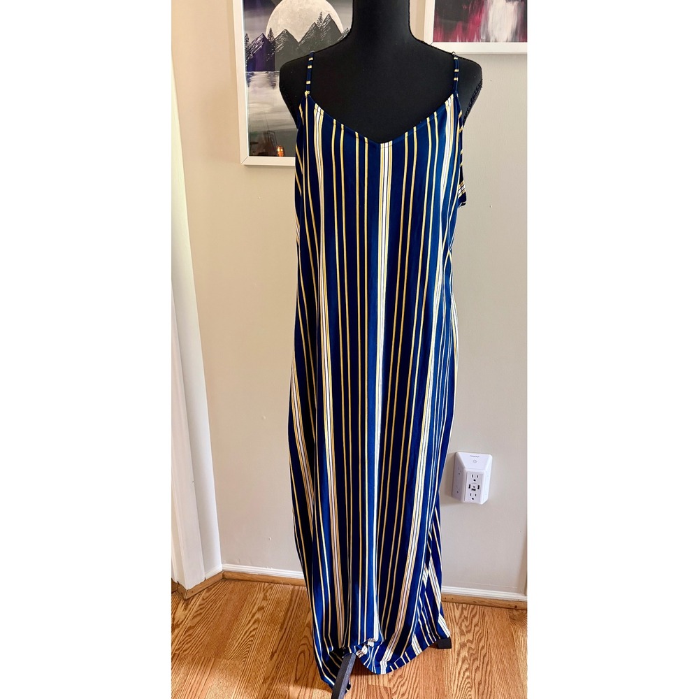 Haute Monde Women's 3X Maxi Dress Blue Striped Sleeveless Spaghetti Strap Casual